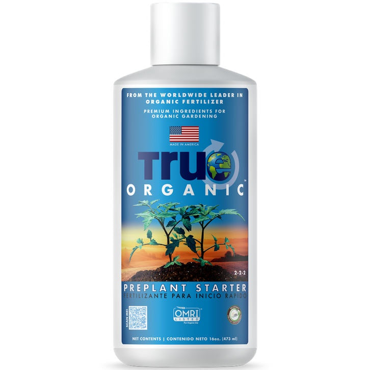 image of white plastic bottle with white top.  blue label with true organic logo and image of small tomato plants against a sunset image