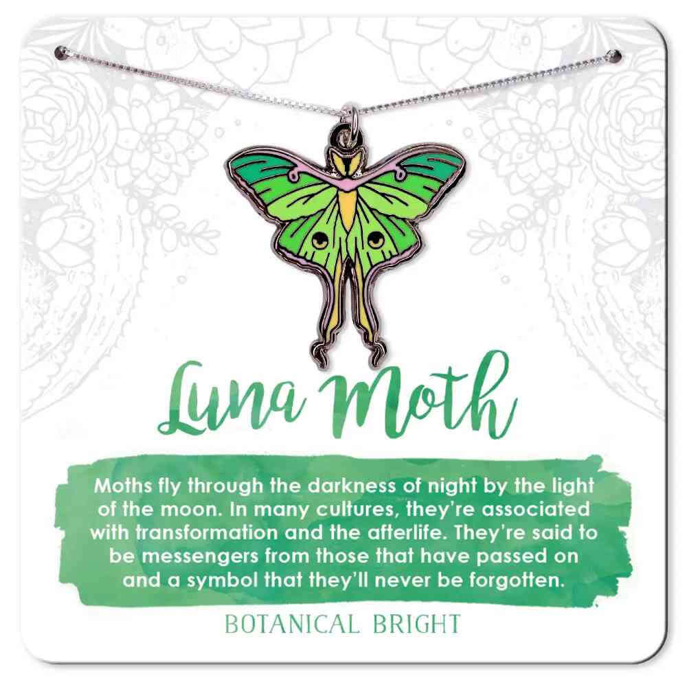 image of luna moth necklace in shades of green with yellow accents.  On a card with description in green and white