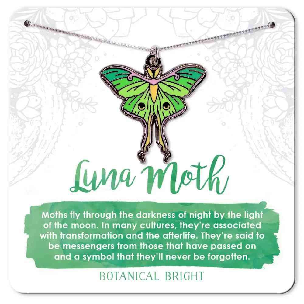 image of luna moth necklace in shades of green with yellow accents.  On a card with description in green and white