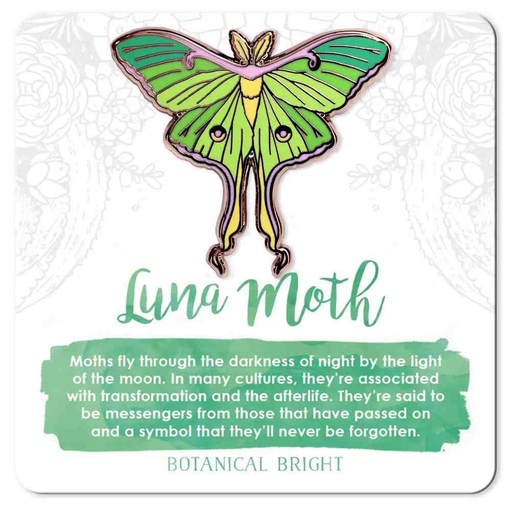 image of luna moth pin in shades of green with yellow accents.  On a card with description in green and white