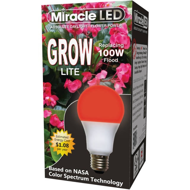 image of a box with pictures of pink flowers in the background and a photo of a red L E D bulb.