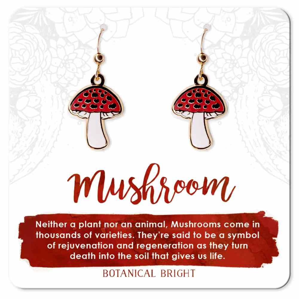 image of pair of earrings in the shape of mushrooms with red tops and white stems.  On a card with description in red and white.