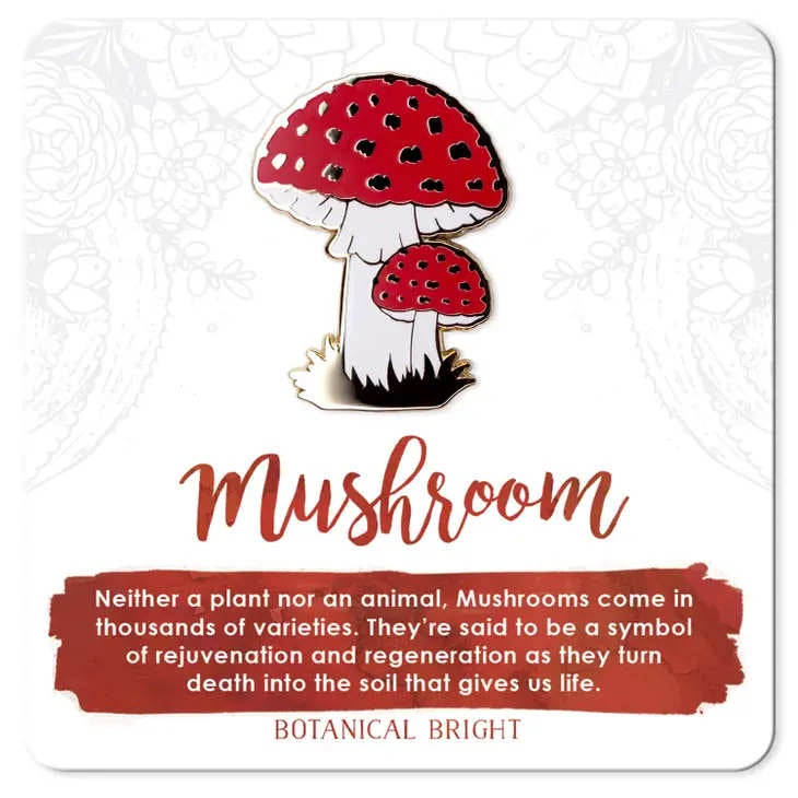 image of pin in the shape of two mushrooms, one small and one large.  Tops are red with white stems. Description in red orange and white
