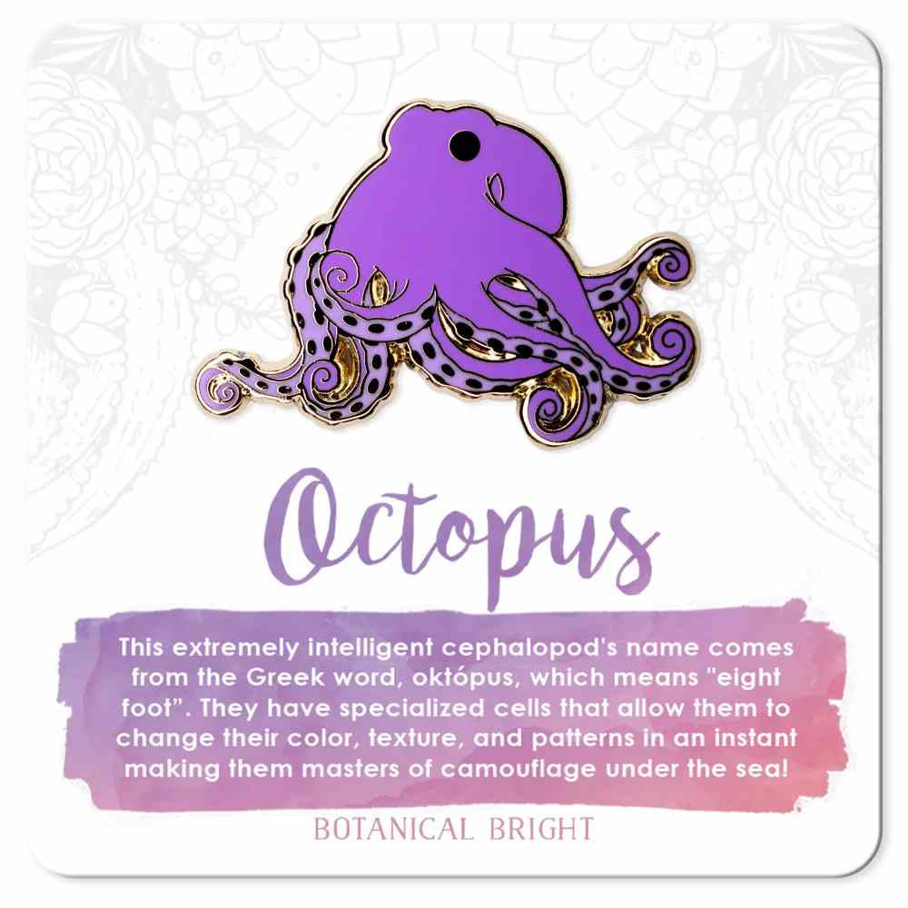 image of pin in the shape of an octopus in bright purple.  On a card with description in lavender and white