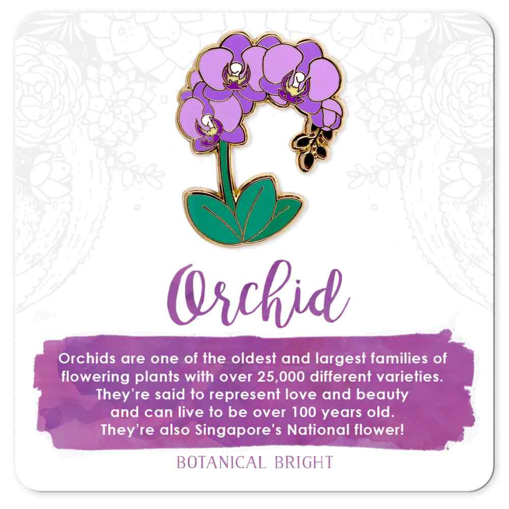 image of pin in the shape of an orchid with several blooms in shades of medium and light purple, with a green stem and leaves.  On a card with description in lavender and white