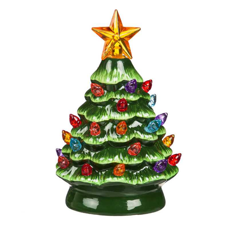 image of ceramic tree in variegated greens, with multi colored plastic lights and a yellow star on top.