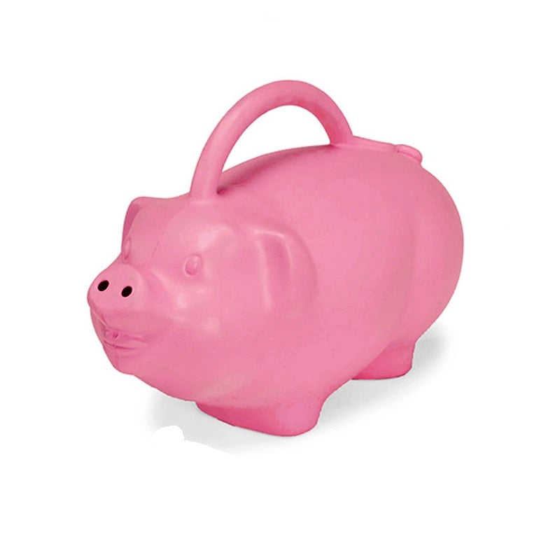 image of a pink watering can in the shape of a pig, with two holes in the snout and with a curved handle at the top.