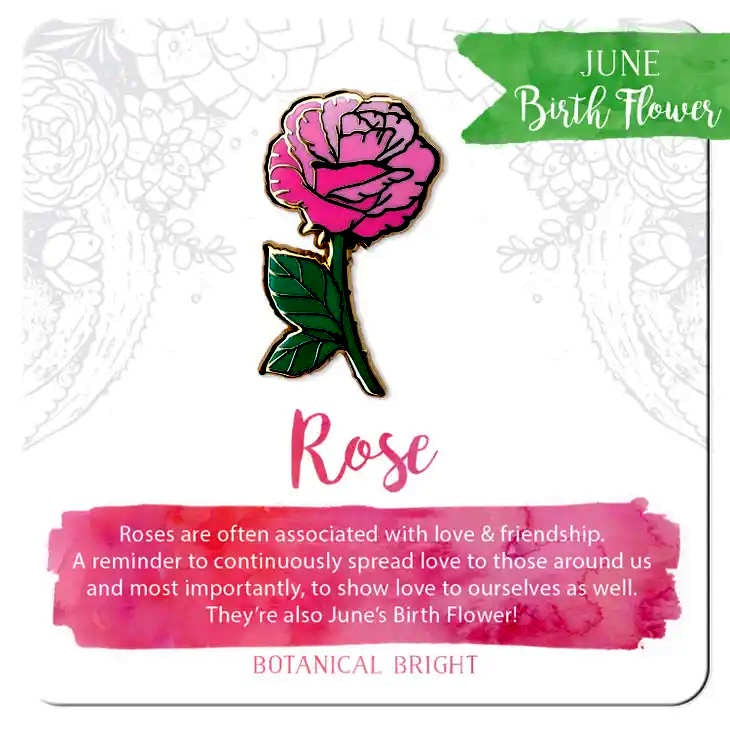 image of pin in a shape of rose with bloom in shades of medium and dark pink with a green stem.  On a card with description in dark pink and white