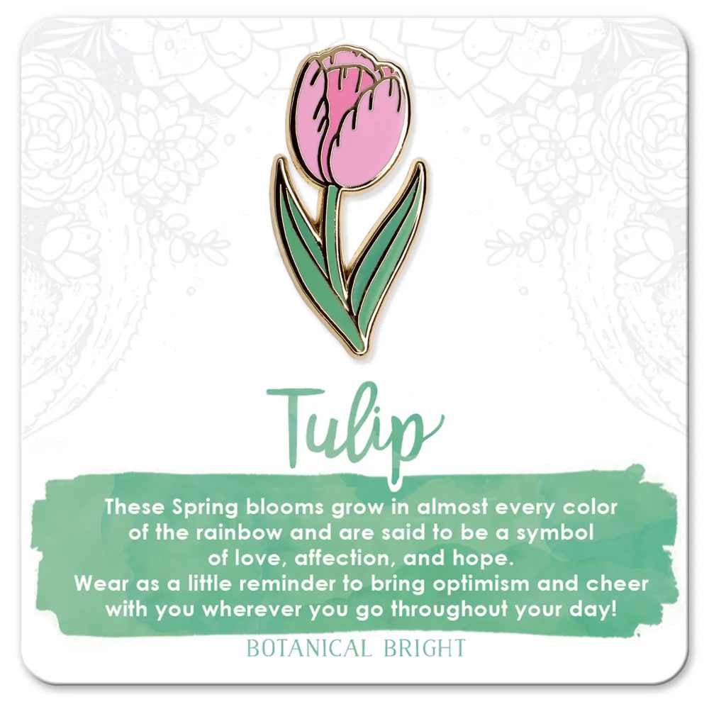 image of pin in shape of tulip with pink bloom and light green stem and leaves.  On a card with description in green and white