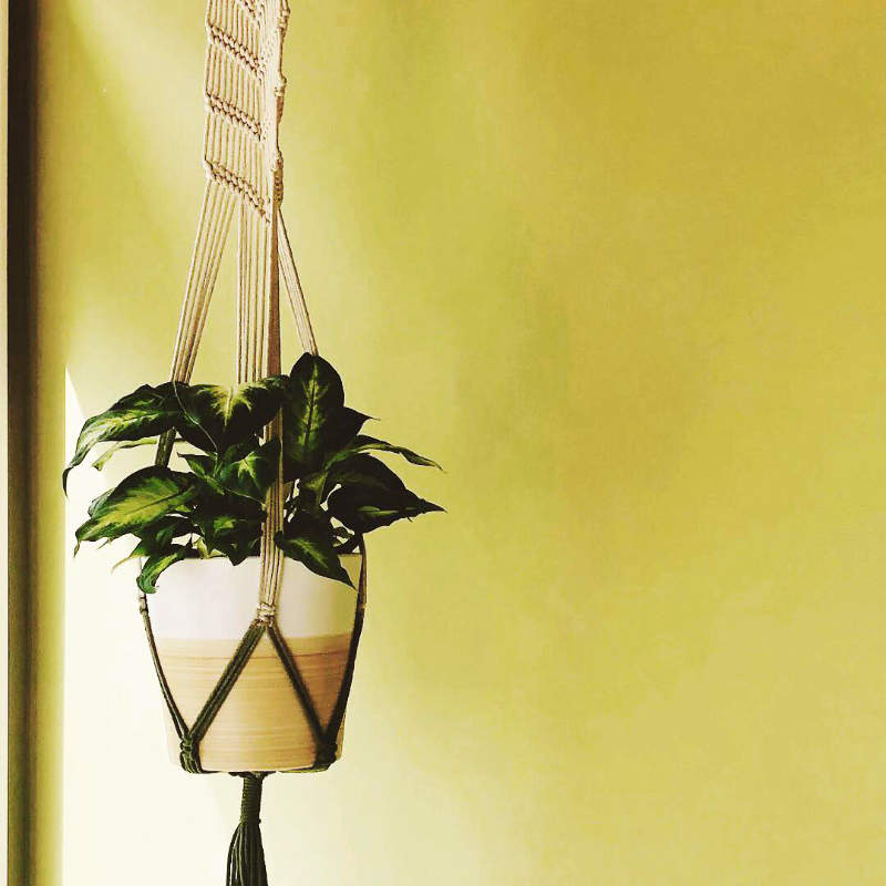 image of long woven plant hanger with natural color at the top and black colored yarn at the bottom