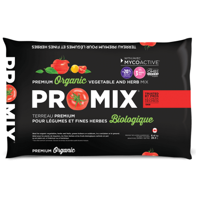 image of pro-mix bag---black with white logo, with a red tomato in place of the O.  small drawing of vegetables at top of bag