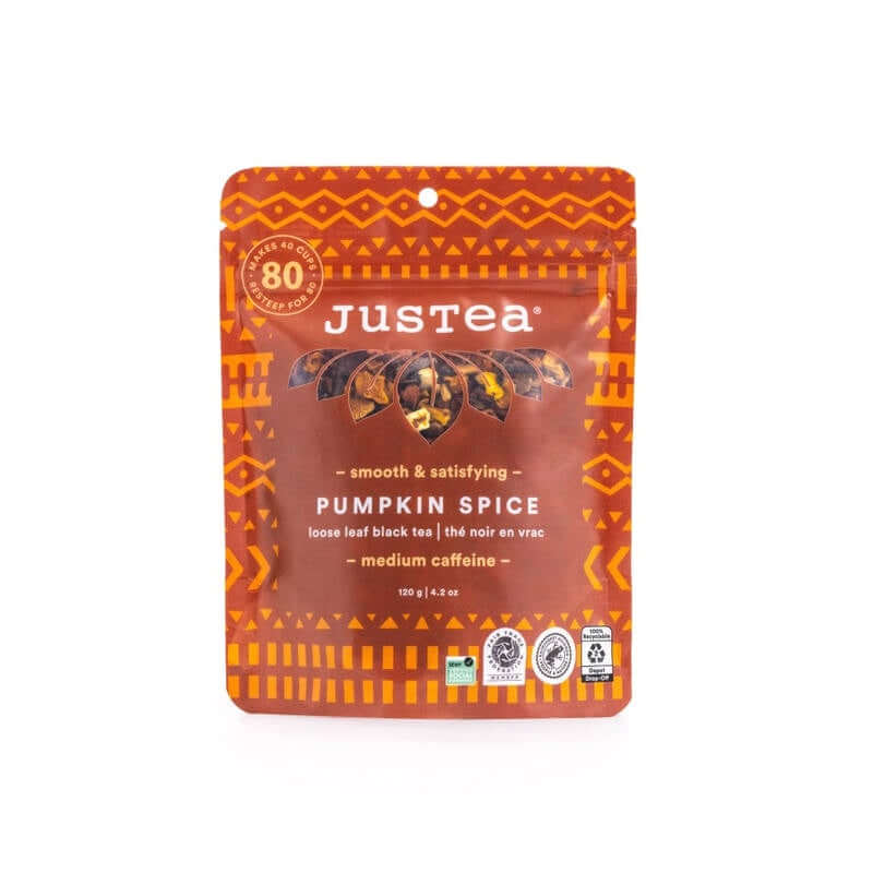 image of rectangular tech pouch in two tone orange pattern, with logo and tea description written on it