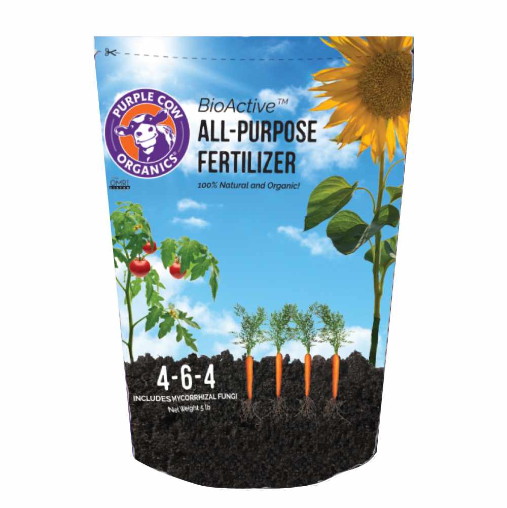image of a bag standing upright with an image of tomato plant, large sunflower plant and small carrots in soil, with a blue sky background with clouds, and the company logo and product info printed on bag