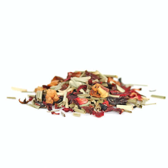 image of small pile of dried tea leaves in red, gold, oranges and light greens