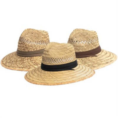 image of three hats made of woven natural material, each with a different color band around the top
