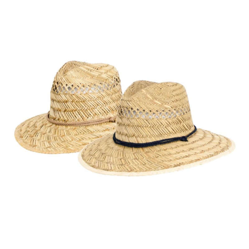 image of two natural wove hats, one with a black cord and one with a tan cord