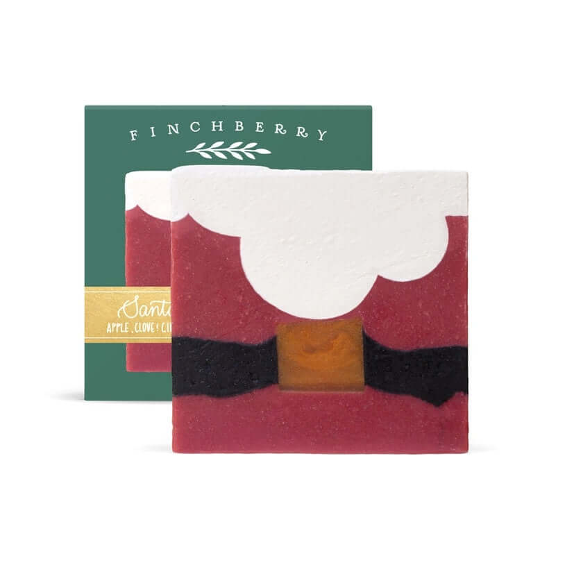 image of soap made to look like Santa&#39;s coat and beard, in front of teal colored finchberry box