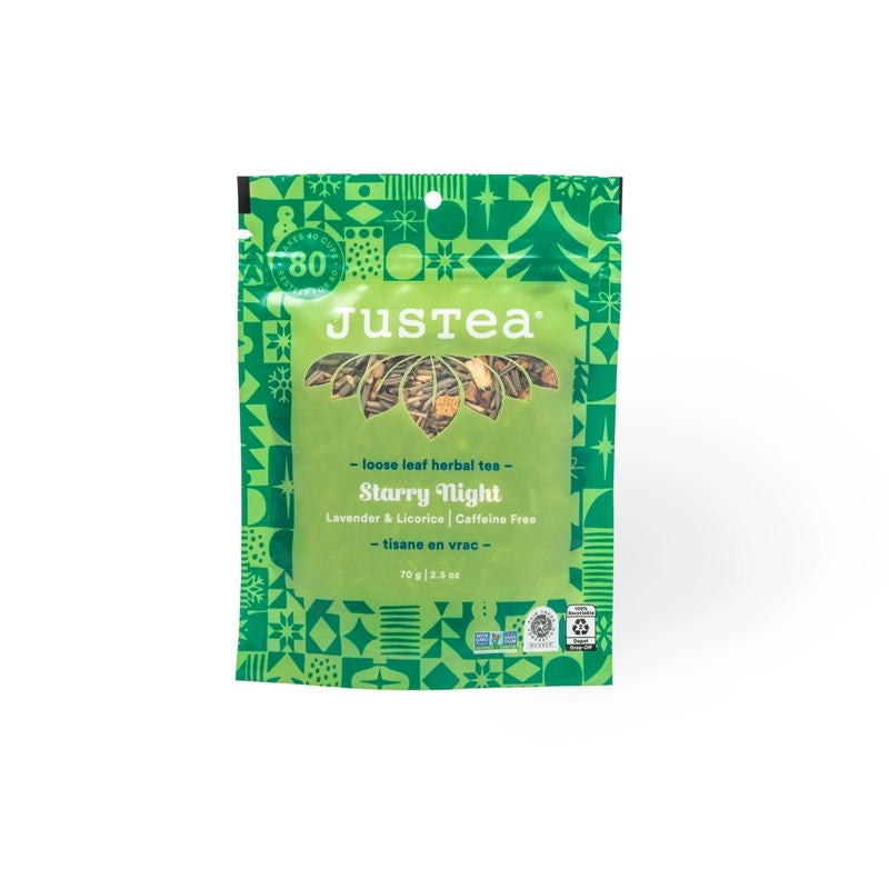 image of rectangular tea pouch in shades of bright and dark green pattern with logo and tea description written on it.