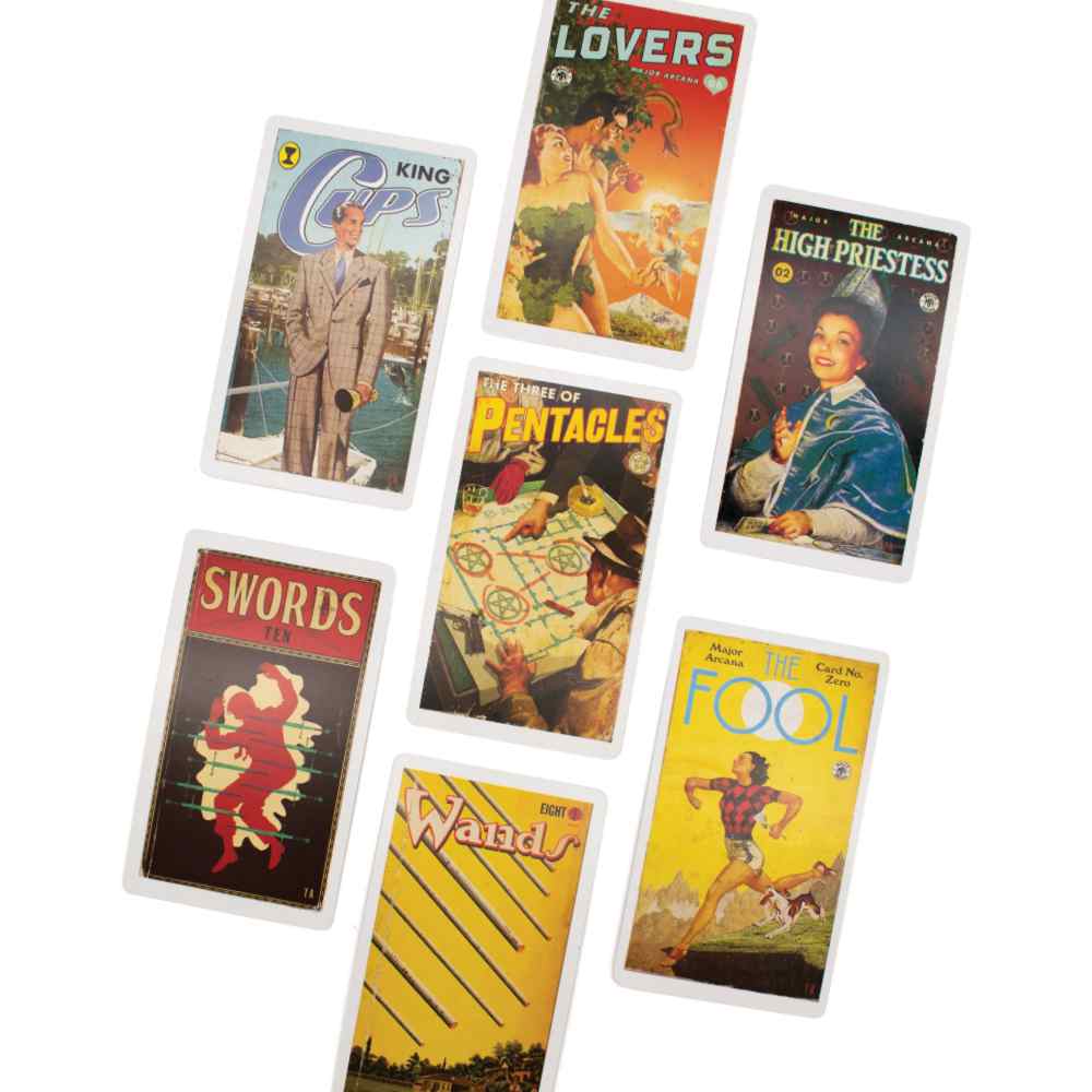 image of seven tarot cards from the box, each using a different pulp fiction novel type of illustration