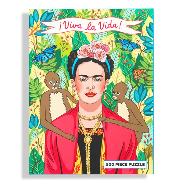 box of puzzle with image of Frida and monkey, jungle and Viva La Vida banner.  500 piece puzzle