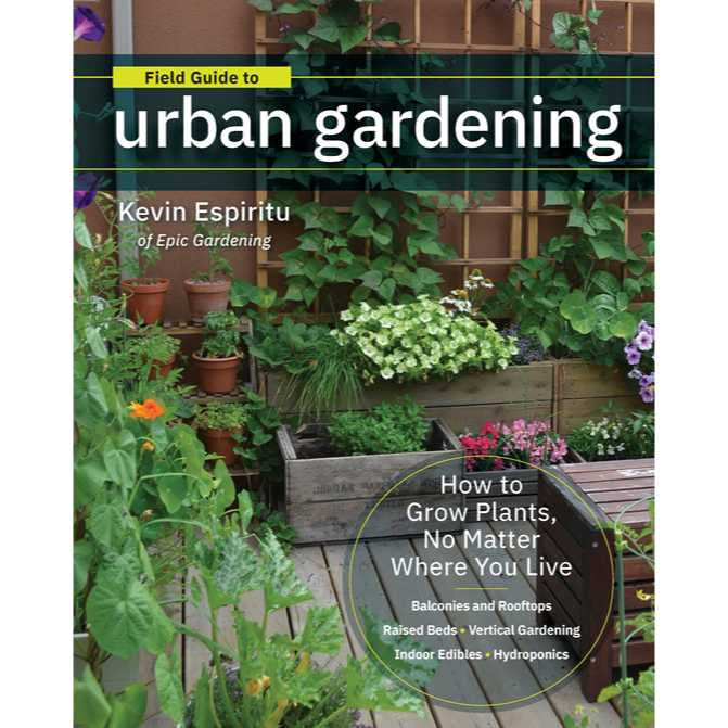 image of book cover showing a small deck with several container gardens in wood and clay