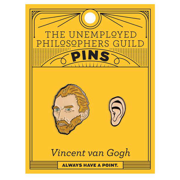 image of two pins:  one of Vincent Van Gogh&#39;s head, and another of an ear on the yellow card they come on, with description in black ink