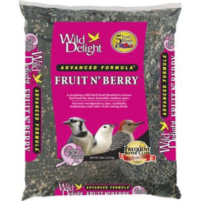 image of clear plastic bag filled with bird seed and with a bright pink label on the front with pictures of 3 birds