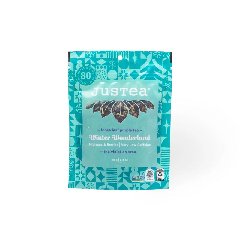 image of rectangular tea pouch in two shades of aqua blue with logo and tea description written on it.